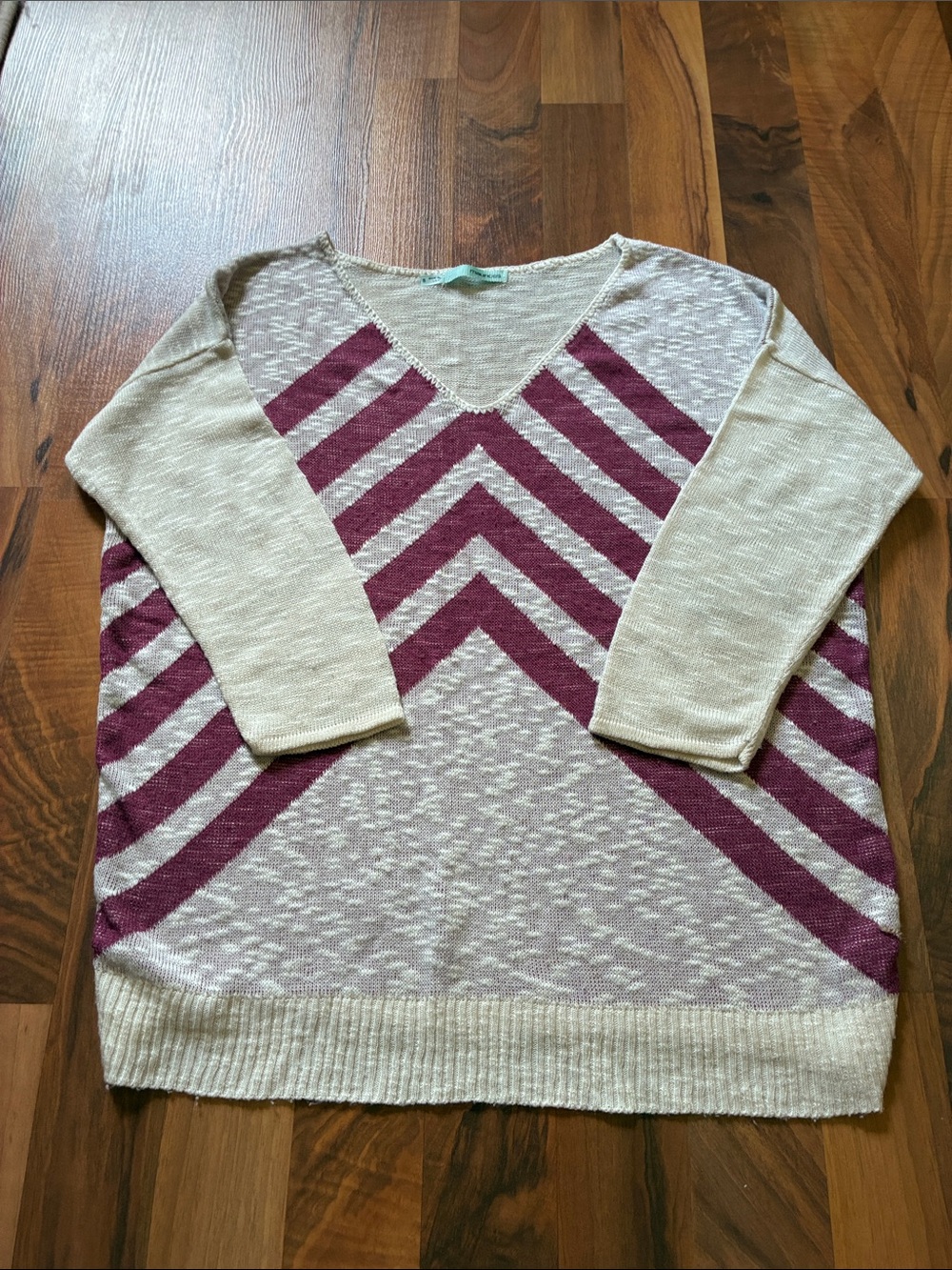 Maurices Cream and Plum Chevron V-Neck Pullover Sweater